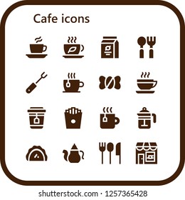 Vector icons pack of 16 filled cafe icons. Simple modern icons about  - Coffee, Tea, Beans, Spoon, Fork, Cup, Candy shop, French fries, French press, Pastry, Teapot, Cutlery, Coffee shop