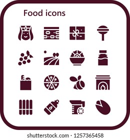 Vector icons pack of 16 filled food icons. Simple modern icons about  - Armenian, Nougat, Package, Lollipop, Grapes, Field, Salad, Syrup, Groceries, Pizza, Swarm, Fireplace, Cookie