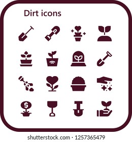 Vector icons pack of 16 filled dirt icons. Simple modern icons about  - Shovel, Plant, Growing plant, Poop, Dust, Sprout