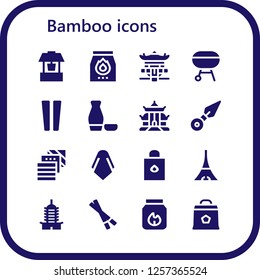 Vector icons pack of 16 filled bamboo icons. Simple modern icons about  - Well, Charcoal, Pagoda, Chopsticks, Sake, Kunai, Fabric, Silk, Body oil, Tokyo