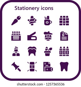 Vector icons pack of 16 filled stationery icons. Simple modern icons about  - Pen, Artist, Pencil case, Crayons, Colored pencils, Stapler, Paperclip, Tooth, Crayon, Push pin, Eraser