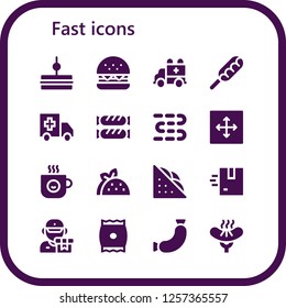 Vector icons pack of 16 filled fast icons. Simple modern icons about  - Sandwich, Burger, Ambulance, Hot dog, Sausage, Sausages, Move, Coffee cup, Taco, Delivery, Snack