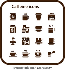 Vector icons pack of 16 filled caffeine icons. Simple modern icons about  - Coffee bag, Coffee, Cup, Coffee shop, Beans, Paper cup, Latte