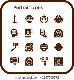 Vector icons pack of 16 filled portrait icons. Simple modern icons about  - Monas, Avatar, Cervantes, Head, Selfie, Selfie stick, Woman, Grandmother, Arab woman, Portrait