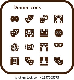 Vector icons pack of 16 filled drama icons. Simple modern icons about  - Mask, Theater, Theatre, Curtains, Stage, Yorick, Cervantes, Curtain, Masks