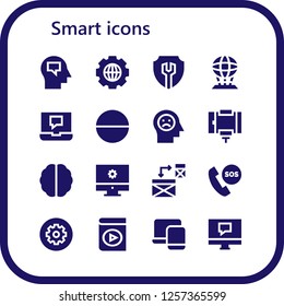 Vector icons pack of 16 filled smart icons. Simple modern icons about  - Mind, Settings, Hologram, Laptop, Tablet, Selfie stick, Brain, Computer, Responsive, Telephone, Audio book