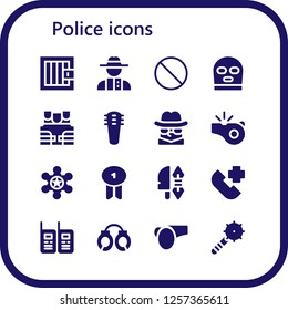 Vector icons pack of 16 filled police icons. Simple modern icons about  - Jail, Detective, Forbbiden, Balaclava, Bulletproof vest, Weapons, Whistle, Sheriff, Badge, Weapon, Emergency call
