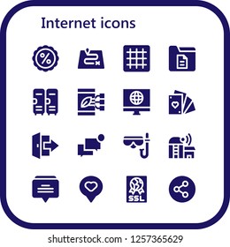Vector icons pack of 16 filled internet icons. Simple modern icons about  - Discount, Route, Grid, Document, Lockers, Smartphone, Computer, Cards, Logout, Chat, Diving mask, Farm