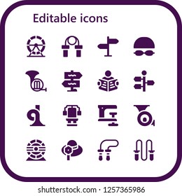 Vector icons pack of 16 filled editable icons. Simple modern icons about  - Hamster wheel, Jumping rope, Signpost, Goggles, French horn, Read, Chest, Clamp, Pamela