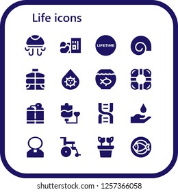 Vector icons pack of 16 filled life icons. Simple modern icons about  - Jellyfish, Homeless, Lifetime, Shell, Vest, Blood, Fish bowl, Lifesaver, Oxygen tank, Blood transfusion