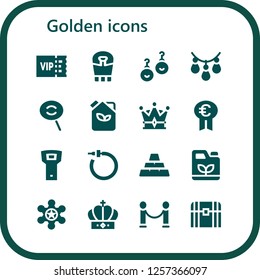 Vector icons pack of 16 filled golden icons. Simple modern icons about  - Vip, Sarcophagus, Earrings, Necklace, Dodge, Fuel, Crown, Prize, Opener, Ingots, Gasoline, Sheriff, Velvet