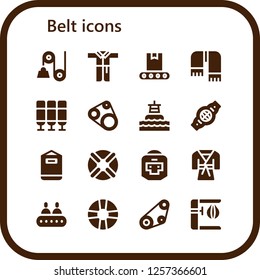 Vector icons pack of 16 filled belt icons. Simple modern icons about  - Pulley, Bathrobe, Conveyor, Scarf, Seat, Timing belt, Buoy, Belt, Punching bag, Lifebuoy, Boxer, Judo, Lifesaver