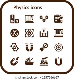 Vector icons pack of 16 filled physics icons. Simple modern icons about  - Periodic table, Momentum, Molecule, Science, Radioactive, Molecules, Cradle, Newton cradle, Magnets