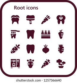 Vector icons pack of 16 filled root icons. Simple modern icons about  - Tooth, Dental implant, Carrot, Carrots, Beet, Radish, Bonsai