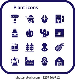 Vector icons pack of 16 filled plant icons. Simple modern icons about  - Palm tree, Wheelbarrow, Corn, Eco fuel, Beer, Pepper, Cactus, Terrarium, Tofu, Wheat, Chives, Pineapple