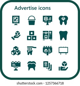 Vector icons pack of 16 filled advertise icons. Simple modern icons about  - Billboard, Cube, Tooth, Cubes, Trifold