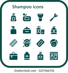 Vector icons pack of 16 filled shampoo icons. Simple modern icons about  - Soap, Makeup, Hair mask, Shampoo, Hair curler, Cosmetics, Gel