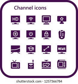 Vector icons pack of 16 filled channel icons. Simple modern icons about  - Television, Tv, Remote control, Walkie talkie