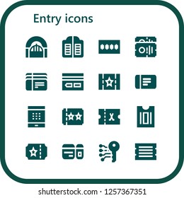 Vector icons pack of 16 filled entry icons. Simple modern icons about  - Door, Doors, Password, Ticket, Tickets, Key card, Plane ticket, Electronic key