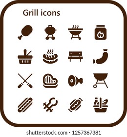 Vector icons pack of 16 filled grill icons. Simple modern icons about  - Meat, Barbecue, Charcoal, Picnic, Sausage, Skewers, Steak, Grill, Hot dog, Tongs