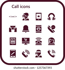 Vector icons pack of 16 filled call icons. Simple modern icons about  - Voice message, Call center, Smartphone, Headphones, Alarm bell, Telephone, Online shop, Phone