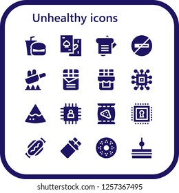Vector icons pack of 16 filled unhealthy icons. Simple modern icons about  - Fast food, Chips, Sandwich, No smoking, Fry, Chocolate, Chip, Nachos, Hot dog, Doughnut