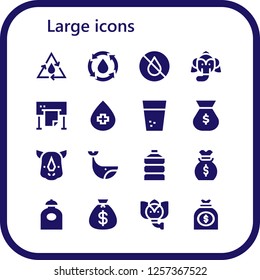 Vector icons pack of 16 filled large icons. Simple modern icons about  - Water, Elephant, Plotter, Money bag, Rhino, Whale