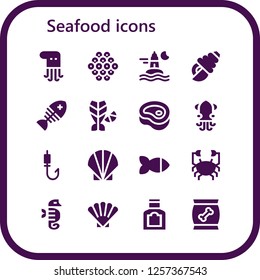 Vector icons pack of 16 filled seafood icons. Simple modern icons about  - Octopus, Caviar, Ocean, Seashell, Fish, Meat, Squid, Fishing rod, Crab, Seahorse, Shell, Food