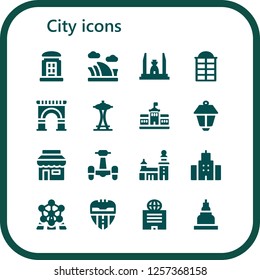 Vector icons pack of 16 filled city icons. Simple modern icons about  - Telephone booth, Opera house, Democracy monument, Phone booth, Arch, Space needle, Berlin, Lamppost, Shop