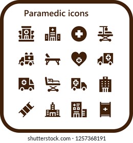 Vector icons pack of 16 filled paramedic icons. Simple modern icons about  - Hospital, Hospitalization, Ambulance, Stretcher
