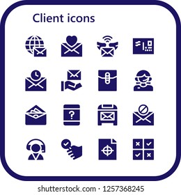 Vector icons pack of 16 filled client icons. Simple modern icons about  - Mail, Envelope, Customer service, Satisfied, Printing test, Feedback