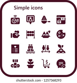 Vector icons pack of 16 filled simple icons. Simple modern icons about  - Radar, Location pin, Spoon, Browser, Give love, Dice, Seaweed, Cookie, Wishlist, Cargo ship, Wc, Car