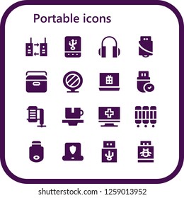 Vector icons pack of 16 filled portable icons. Simple modern icons about  - Walkie talkie, Tablet, Headphones, Pendrive, Portable fridge, Mirror, Laptop, Compressor, Cup, Computer