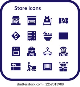 Vector icons pack of 16 filled store icons. Simple modern icons about  - Shop, Box, Trolley, Candy shop, Fragile, Receipt, Mortar, Sale, Memory card, Bag, Hanger, Mall, Gift card