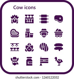 Vector icons pack of 16 filled cow icons. Simple modern icons about  - Indian, Farming, Ribs, Steak, Diary product, Farmer, Wagon, Farm, Dutch, Cowboy, Milk, India, Ostrich