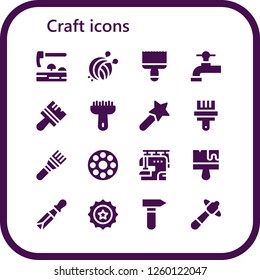 Vector icons pack of 16 filled craft icons. Simple modern icons about  - Adze, Yarn ball, Paint brush, Beer tap, Brush, Magic wand, Bobbin, Sewing machine, Chisel, Beer cap, Hammer