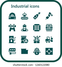 Vector icons pack of 16 filled industrial icons. Simple modern icons about  - Saw, Conveyor, Oil, Drill, Barrier, Worker, Boxes, Barrel, Gas station, Box, Forklift, Socket, Warehouse