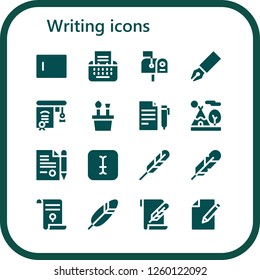 Vector icons pack of 16 filled writing icons. Simple modern icons about  - Type, Mailbox, Pen, Education, Pencil case, Contract, Tipi, Typing, Feather pen, Feather, Agreement