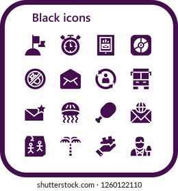 Vector icons pack of 16 filled black icons. Simple modern icons about  - Flag, Timer, Smartphone, Apple, Bombing, Email, Rotate, Bus, Jellyfish, Meat, Art, Palm tree, Puzzle, Reporter