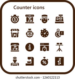 Vector icons pack of 16 filled counter icons. Simple modern icons about  - Stopwatch, Coffee machine, Concierge, Cashier, Stand, Stopclock, Information, Chronometer, Clerk