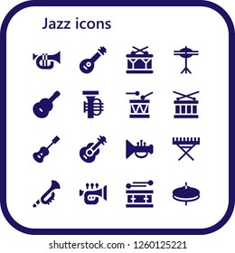Vector icons pack of 16 filled jazz icons. Simple modern icons about  - Trumpet, Mandolin, Drum, Cymbals, Guitar, Tuba, Acoustic guitar, Electric piano