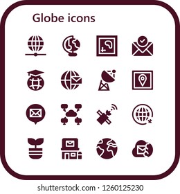 Vector icons pack of 16 filled globe icons. Simple modern icons about  - Worldwide, Earth globe, Map, Email, Education, Satellite, Gps, Network, Travel, Plant, Post office, Earth