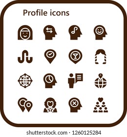 Vector icons pack of 16 filled profile icons. Simple modern icons about  - Avatar, Mind, Stumbleupon, Placeholder, Hairstyle, Network, User, Placeholders, George washington, Group