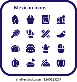 Vector icons pack of 16 filled mexican icons. Simple modern icons about  - Cactus, Tequila, Maraca, Churros, Chili, Taco, Tacos, Pepper, Guacamole