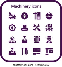 Vector Icons Pack Of 16 Filled Machinery Icons. Simple Modern Icons About  - Crane, Gear, Worker, Conveyor, Tools, Pulley, Screw, Configuration