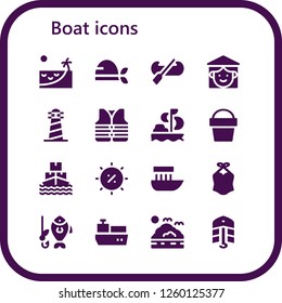Vector icons pack of 16 filled boat icons. Simple modern icons about  - Beach, Pirate, Kayak, Vietnamese, Lighthouse, Lifejacket, Sailing, Sand bucket, Ship, Summer, Boat, Swimsuit