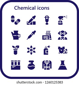 Vector icons pack of 16 filled chemical icons. Simple modern icons about  - Pills, Eyedropper, Dropper, Spray, Oil, Pipette, Factory, Mad scientist, Test tube, Atomic, Spray bottle