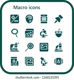 Vector icons pack of 16 filled macro icons. Simple modern icons about  - Zoom, Fingerprint, Image gallery, Push pin, Picture, Microscope, Acorn, Zoom out, Gallery