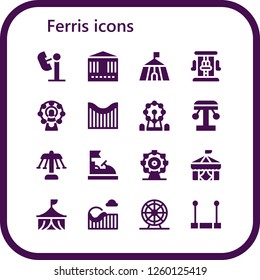 Vector icons pack of 16 filled ferris icons. Simple modern icons about  - Amusement park, Carousel, Circus, Roller coaster, Ferris wheel, Bumper car, Trapeze