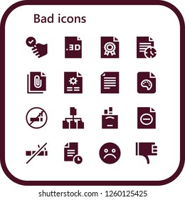 Vector icons pack of 16 filled bad icons. Simple modern icons about  - Satisfied, File, No smoking, Cigarettes, Unhappy, Thumbs down